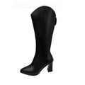 Women's plus-size black pointed-toe boots with chunky heel and back zipper, size range 34-43