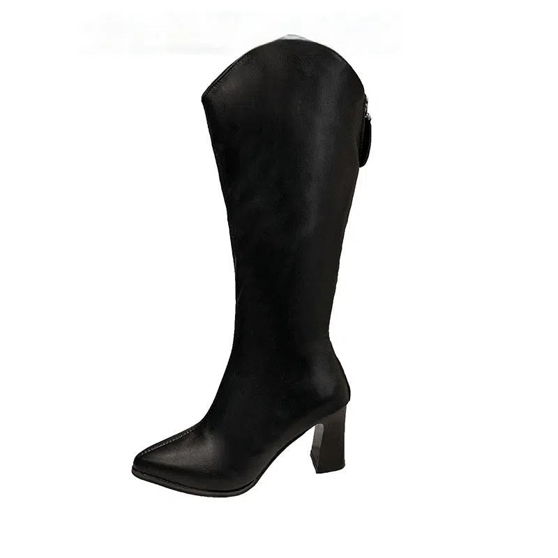 Women's plus-size black pointed-toe boots with chunky heel and back zipper, size range 34-43