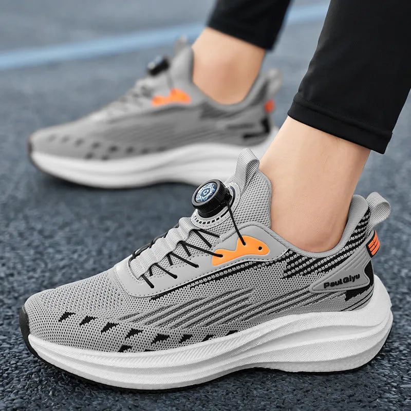 Men's white green rotating buckle running shoes with Fly-kit mesh upper and low-top design