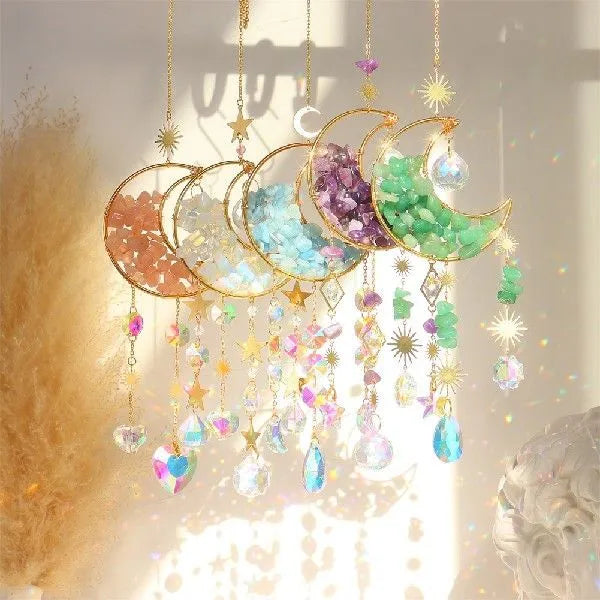 K9 crystal moon-shaped pendant on a 420mm cord for car rear-view mirror decoration.
