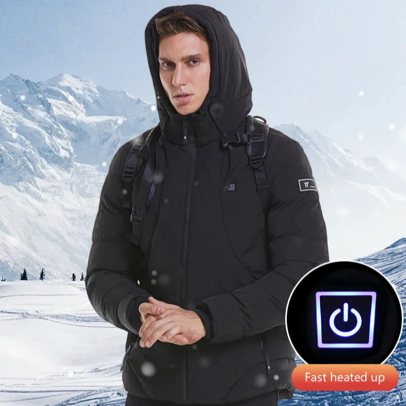 Grey USB electric heated jacket with hood and zipper on a person, outdoor winter background, size M to 7XL available