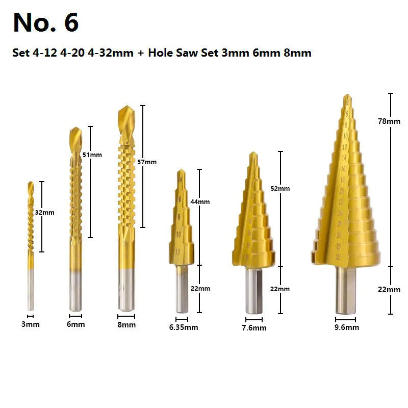 High speed steel step drill bits and a centre punch arranged as a set for hole enlargement.