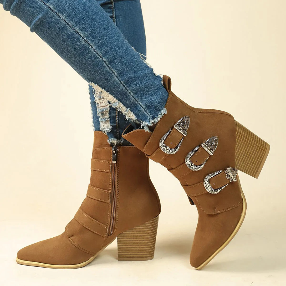 Chunky heel pointed toe retro mid-calf boots with belt buckle design for women, black colour, side view