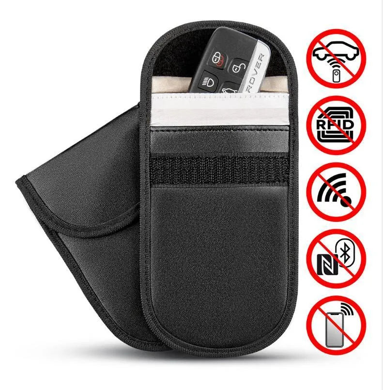 Black rectangular microfiber RFID shielding bag for car keys and bank cards.