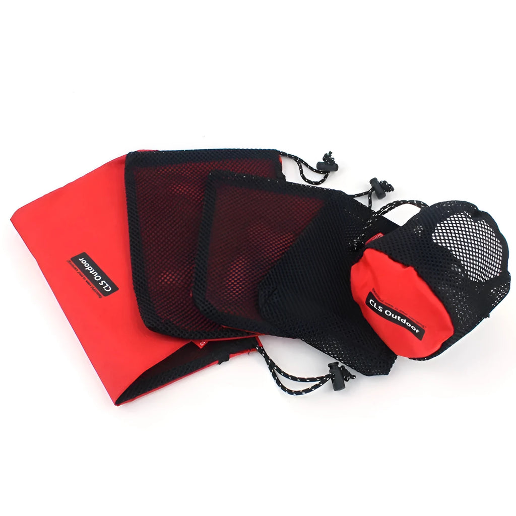 Red 5-piece outdoor travel storage bag set made from 200D Oxford cloth with mesh panels and zipper closures
