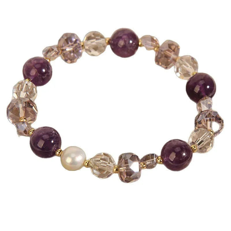 Women's U-shaped artificial amethyst bracelet with pearl and four-leaf clover charm on wrist