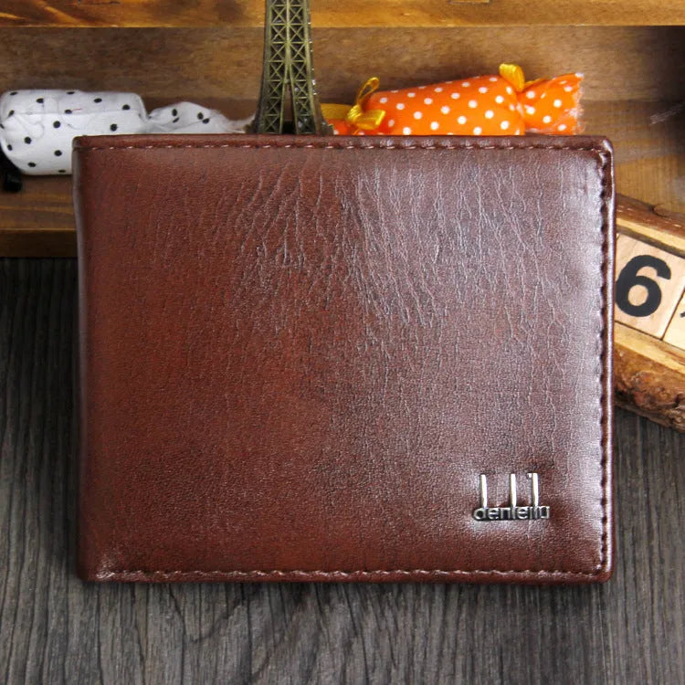 Short PU leather trifold wallet for men in brown, 11.5cm long, with card slots and note pocket