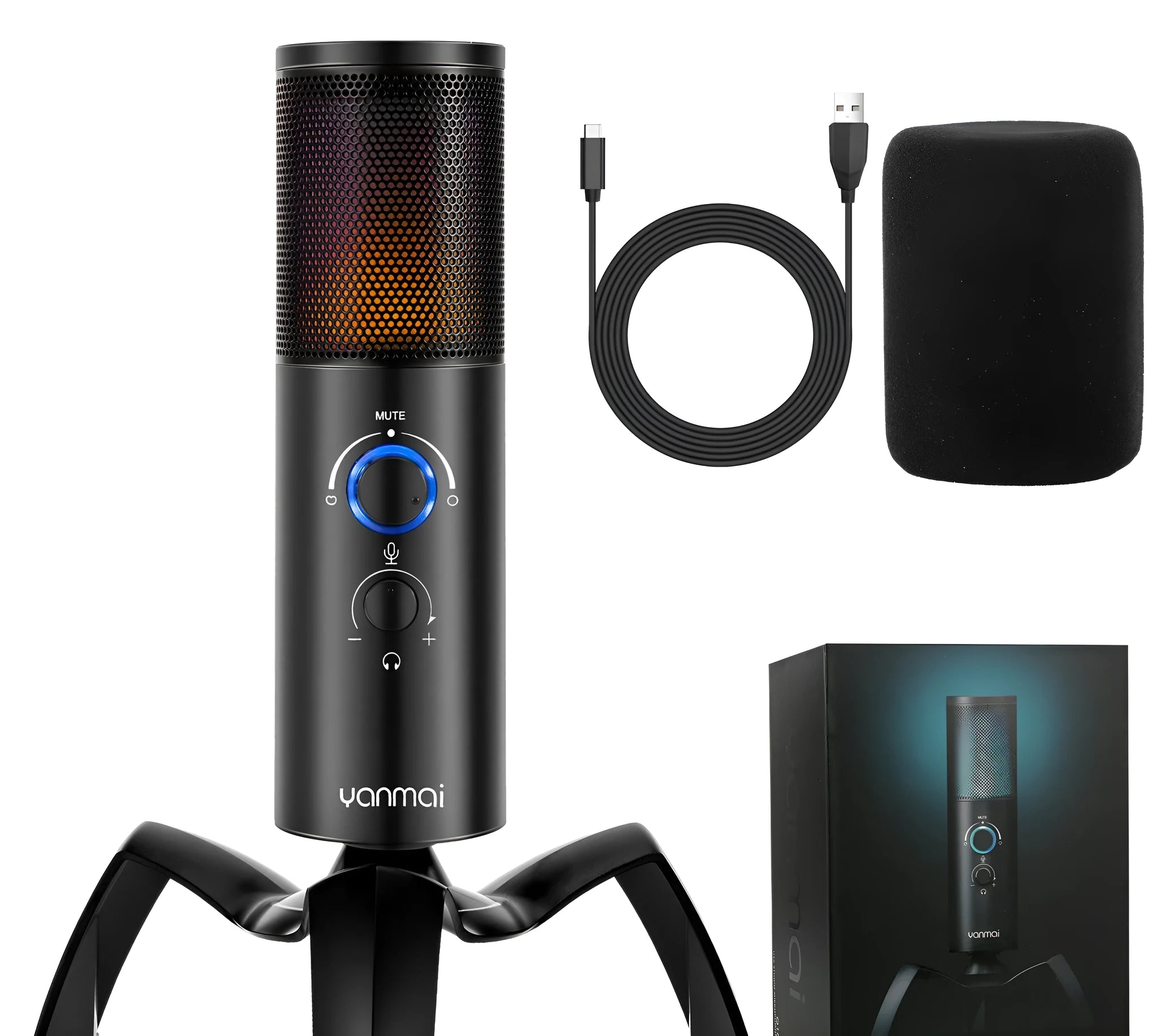 Black Q18 USB condenser microphone with tripod stand and RGB lighting effects on circular control knob