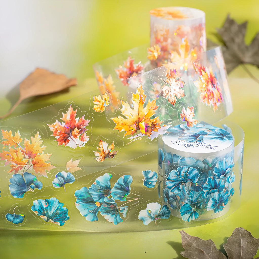 Roll of Deciduous Poetry Series clear PET decorative stickers showing leaf patterns in gentle ginkgo, blue fallen leaves, and other colours.