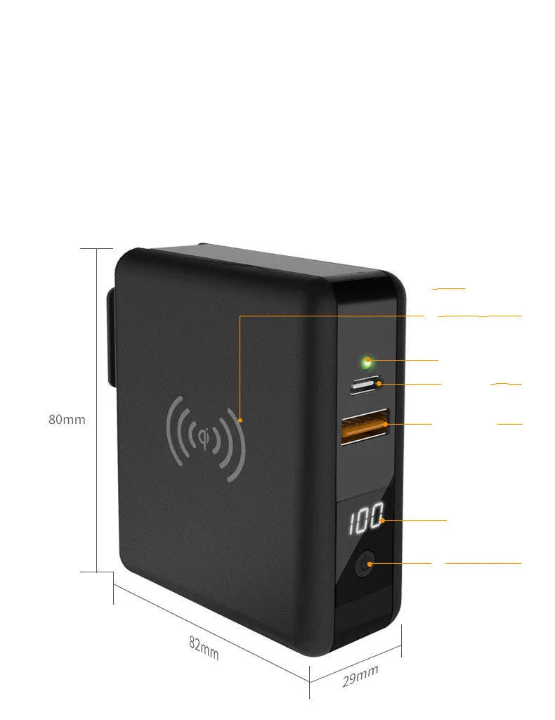 Black and white portable power bank with flip-out international plug adaptors showing PD20W and Qi wireless logos.