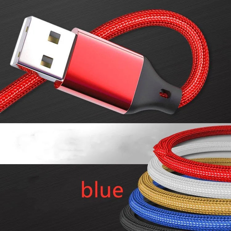 1.2 metre long multi-device charging cable with nylon braid in red, blue, gold, black, silver, and rose gold colours
