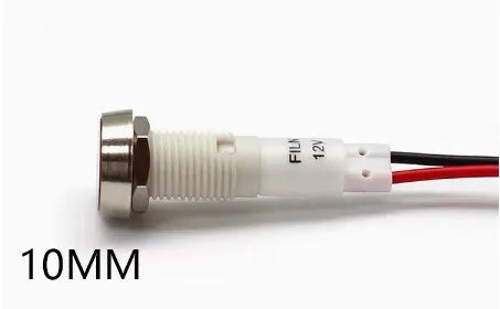 10mm plastic indicator light with stainless steel bezel and attached wire, shown in multiple colour options.
