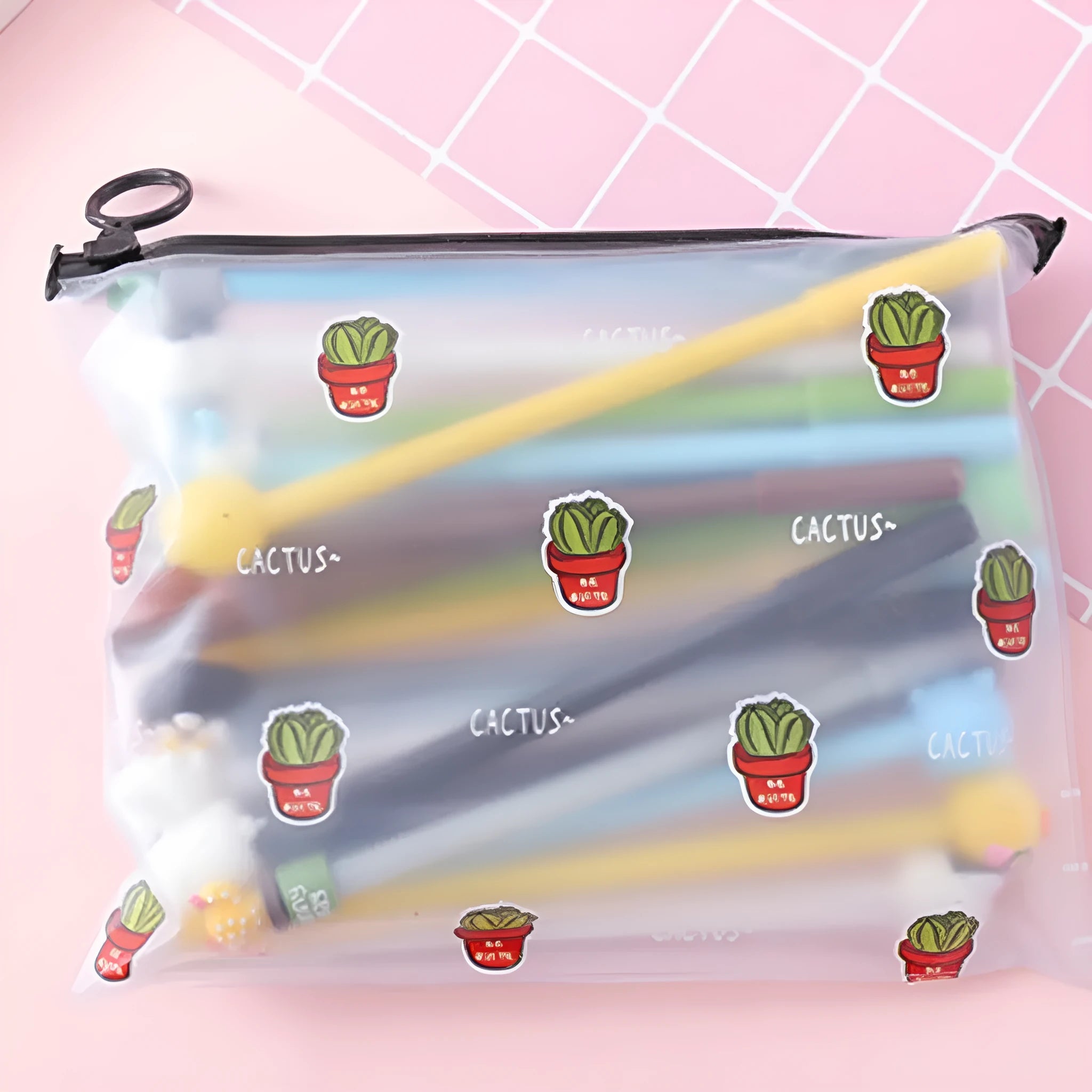 Marvel cartoon pen set showing 20 black 0.5mm pens in cactus-themed plastic storage case