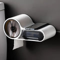 White plastic toilet roll holder with streamline curve design mounted on a bathroom wall.