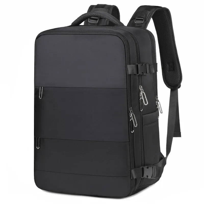 Large purple travel backpack with multiple compartments and an air pillow belt, shown open to display interior organisation.