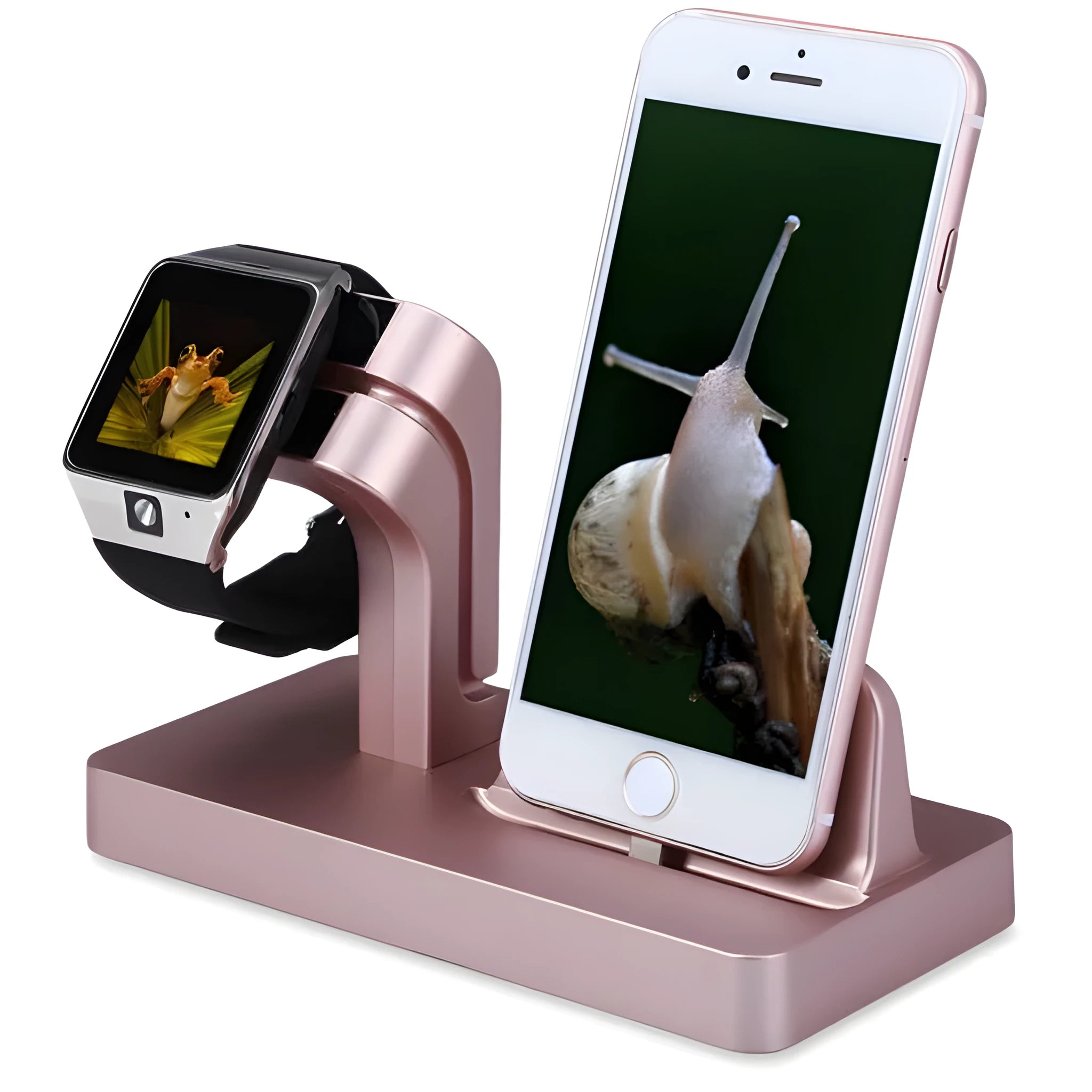 White 2-in-1 charging dock station holding an iPhone and an Apple Watch on a desk.