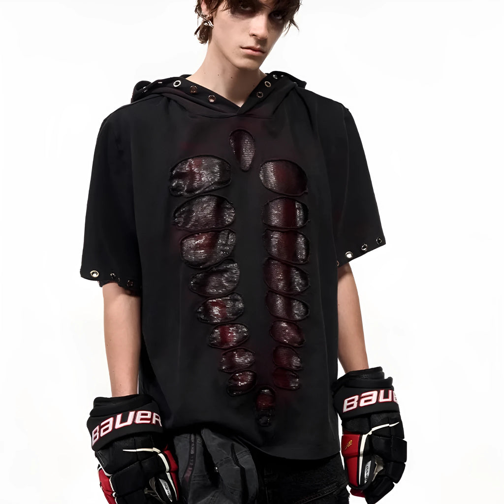 Black men's hooded short-sleeved T-shirt with sequin decoration loose fit
