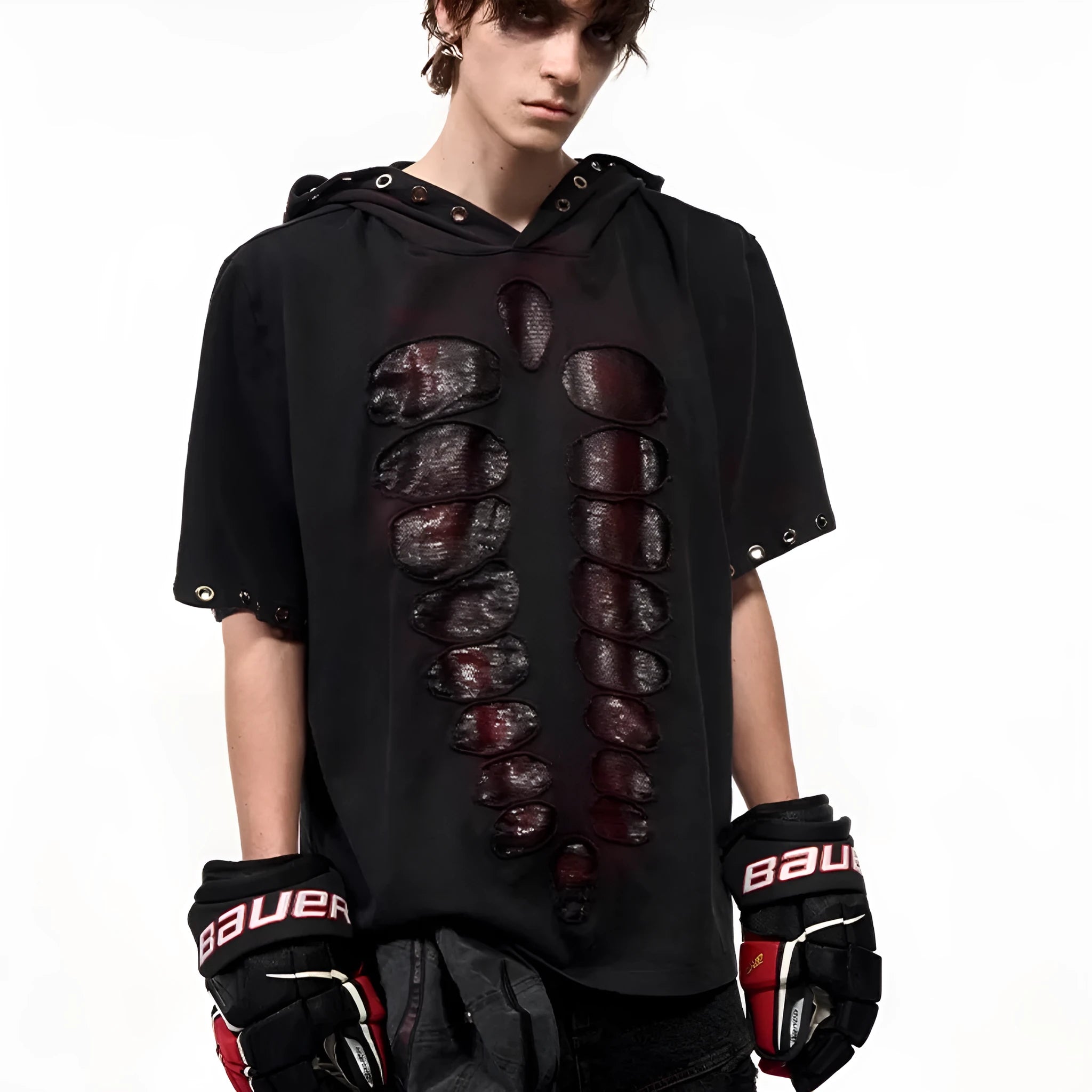 Black men's hooded short-sleeved T-shirt with sequin decoration loose fit