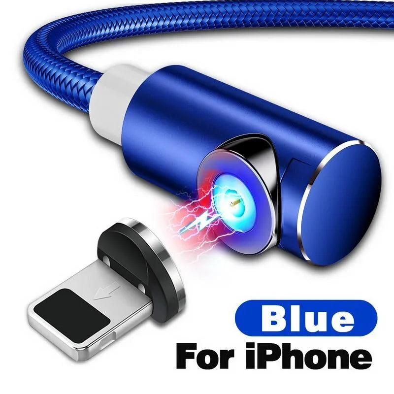 Black L-shaped magnetic USB cable with interchangeable Micro USB, Type-C and Lightning connector heads.