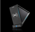 Black multifunctional Bluetooth speaker and power bank unit with integrated mobile phone stand.