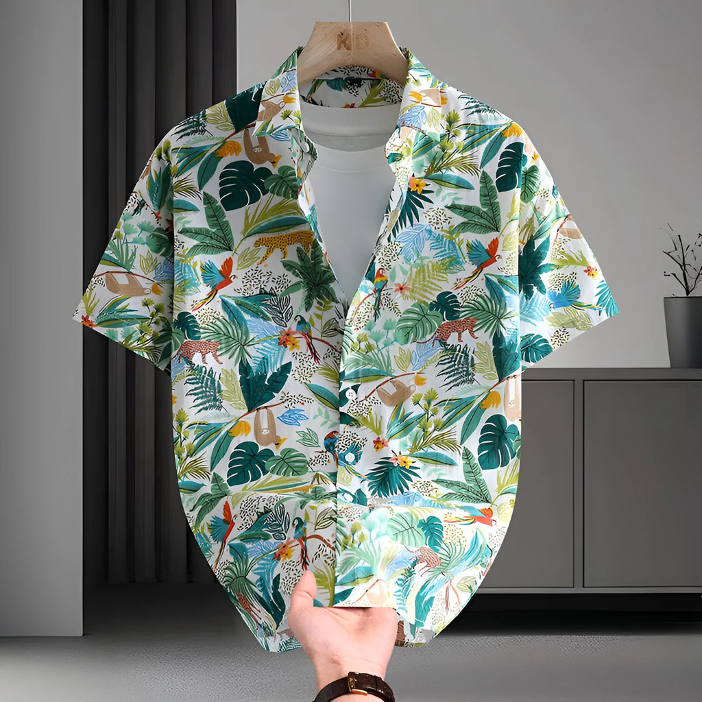 Men's floral printed cotton Hawaiian shirt in a casual cardigan style on a hanger.