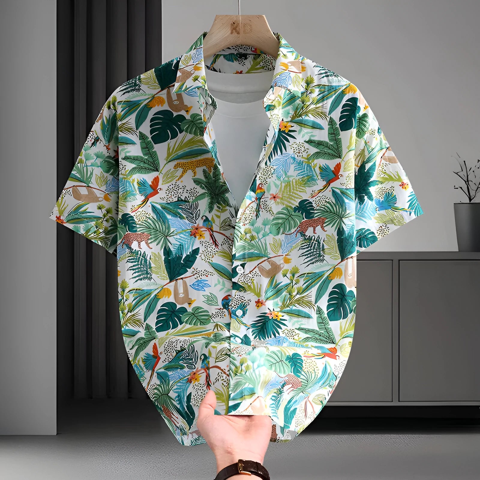 Men's floral printed cotton Hawaiian shirt in a casual cardigan style on a hanger.