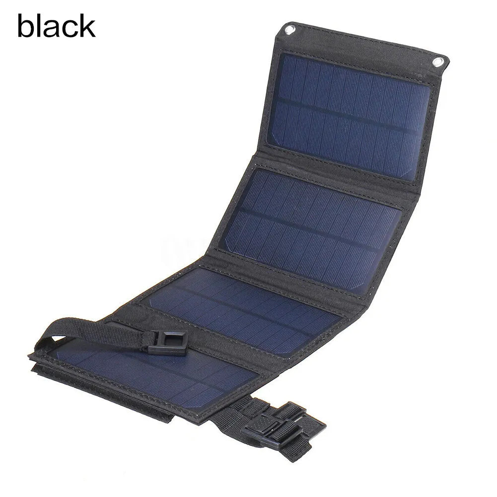 20W solar folding bag unfolded showing monocrystalline cells with USB output cables, camouflage colour