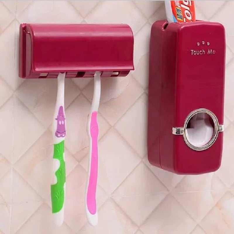 White adhesive wall-mounted toothbrush holder with pump on a bathroom tile.