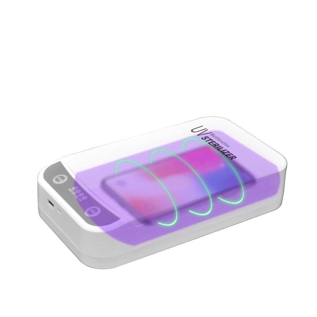 Black UV disinfection box with internal chamber for sanitising mobile phones and small items.