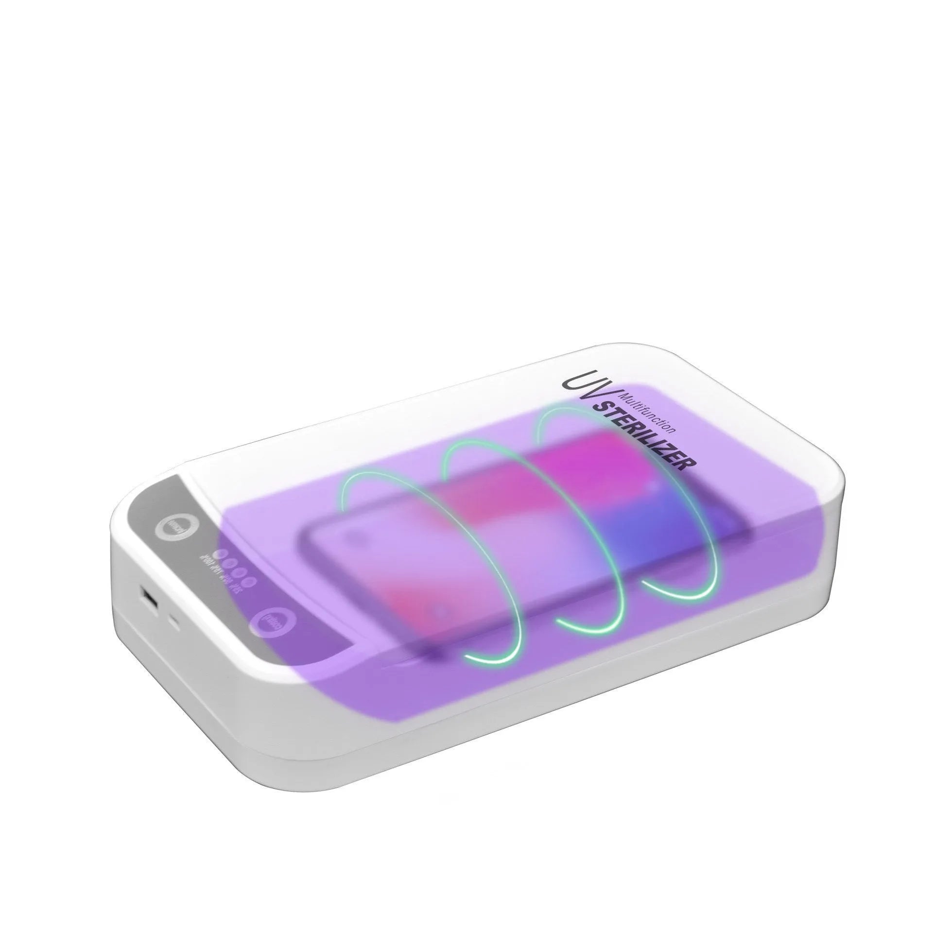 Black UV disinfection box with internal chamber for sanitising mobile phones and small items.