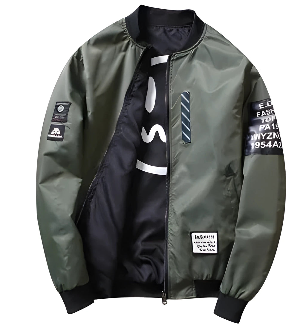 Men's reversible flight jacket in stripe pattern with zipper placket and no collar design