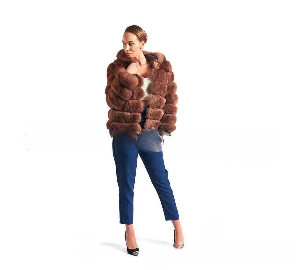 Women's loose-fit artificial fur hooded coat in street fashion style, shown in brown colour.