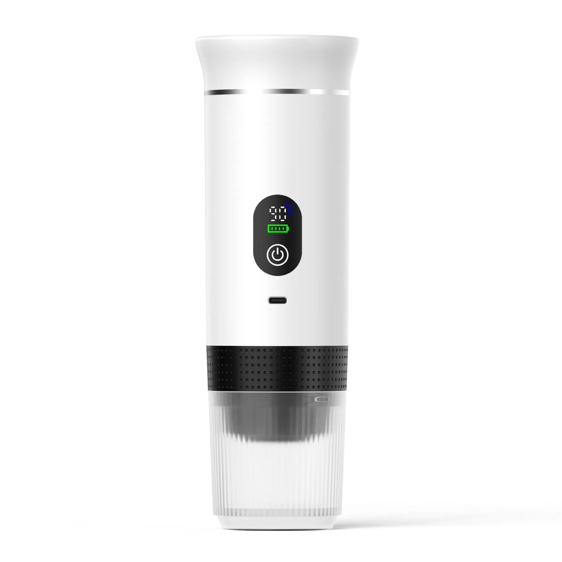 Black portable electric capsule coffee machine with LCD display for use in cars and outdoor travel