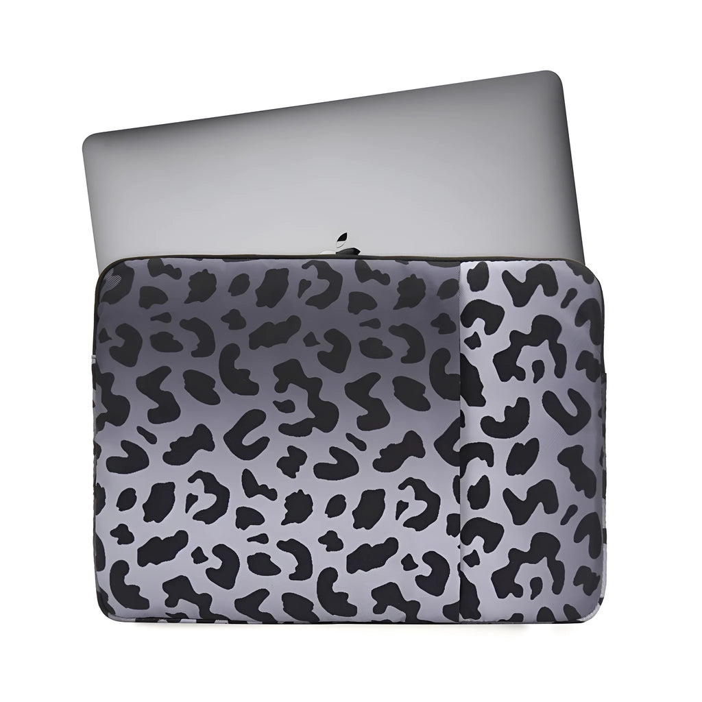 Leopard print laptop sleeve for 13-inch to 16-inch laptops with anti-shock protection.