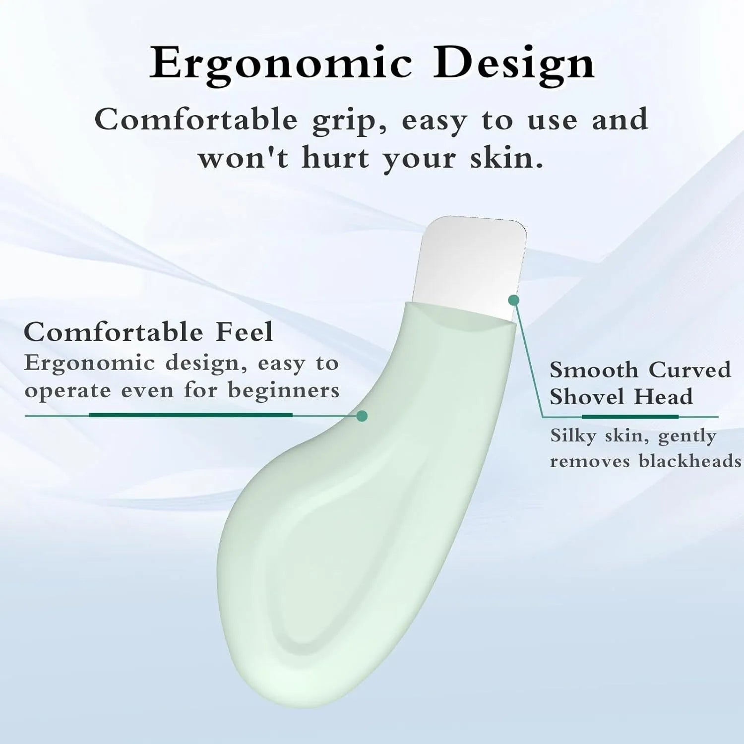 Stainless steel blackhead removal tool with green silicone attachment and non-slip handle