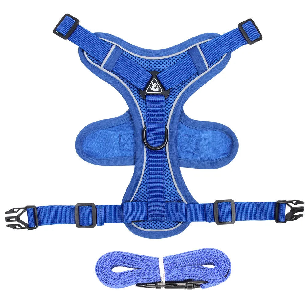 Adjustable mesh cat harness with reflective strips in blue, coffee and grey colours