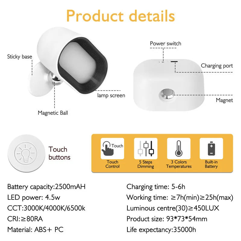 Oval white remote control magnetic wall lamp with adhesive mount and USB charging cable