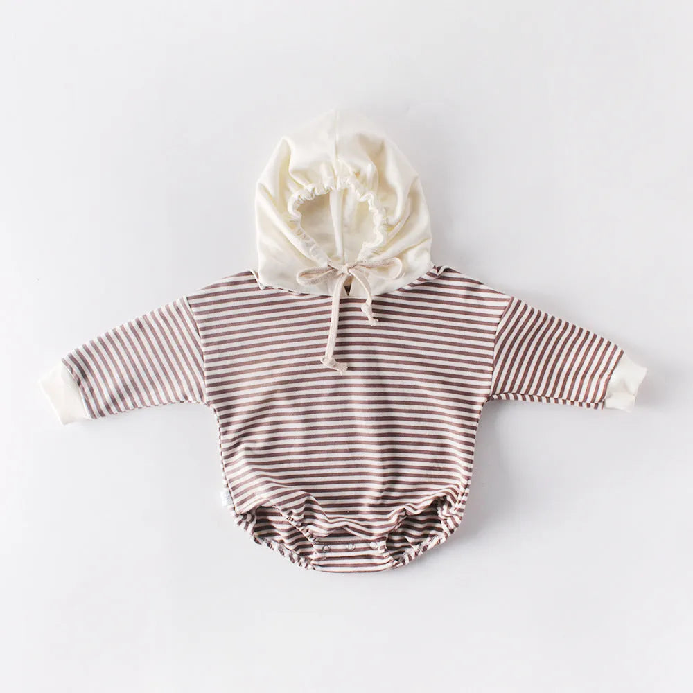 Baby striped hooded climbing suit in black stripe, 100% cotton, autumn wear, long sleeves, pullover style, size 66cm to 90cm