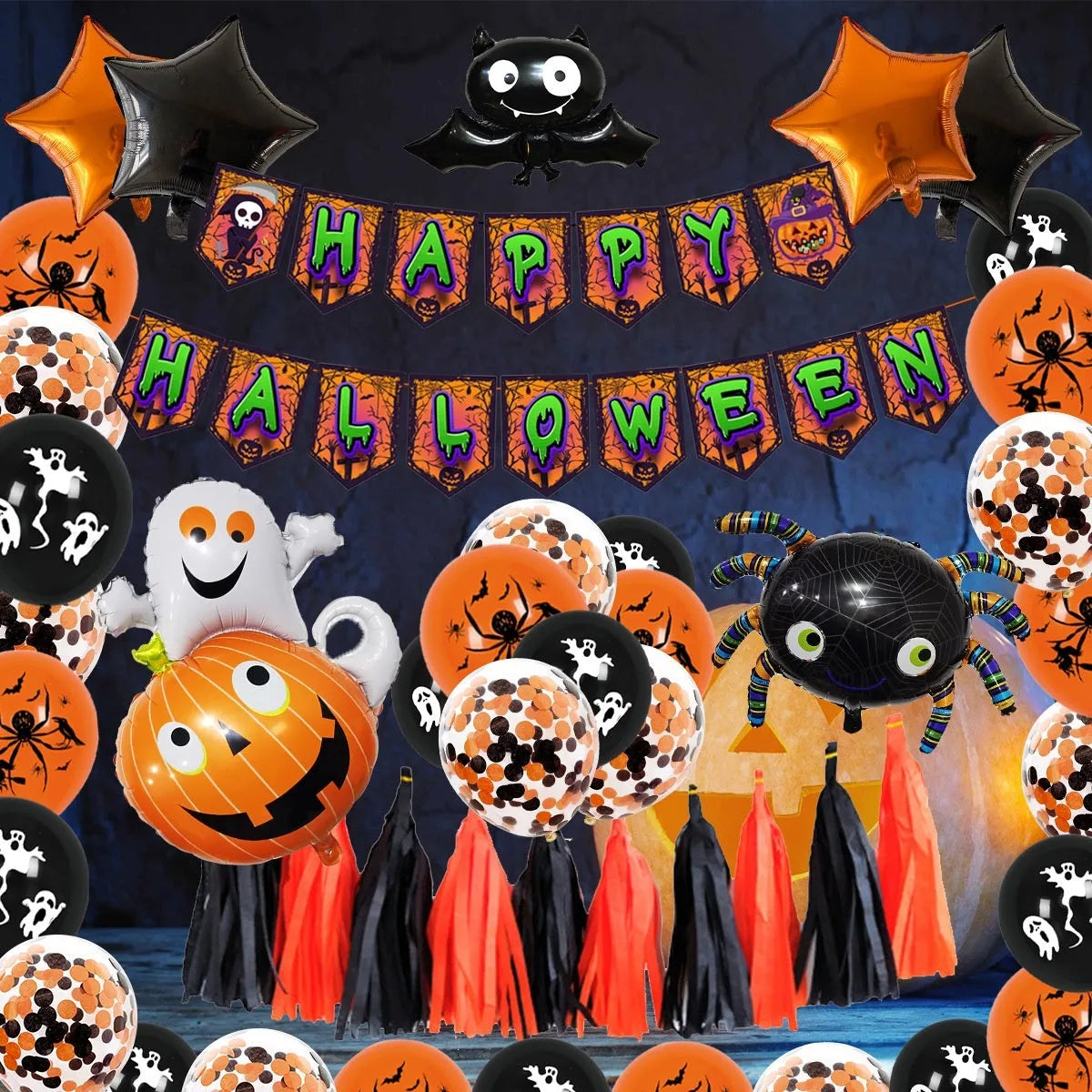 Halloween latex balloon combo with skull, pumpkin and spider web designs in white and black colours