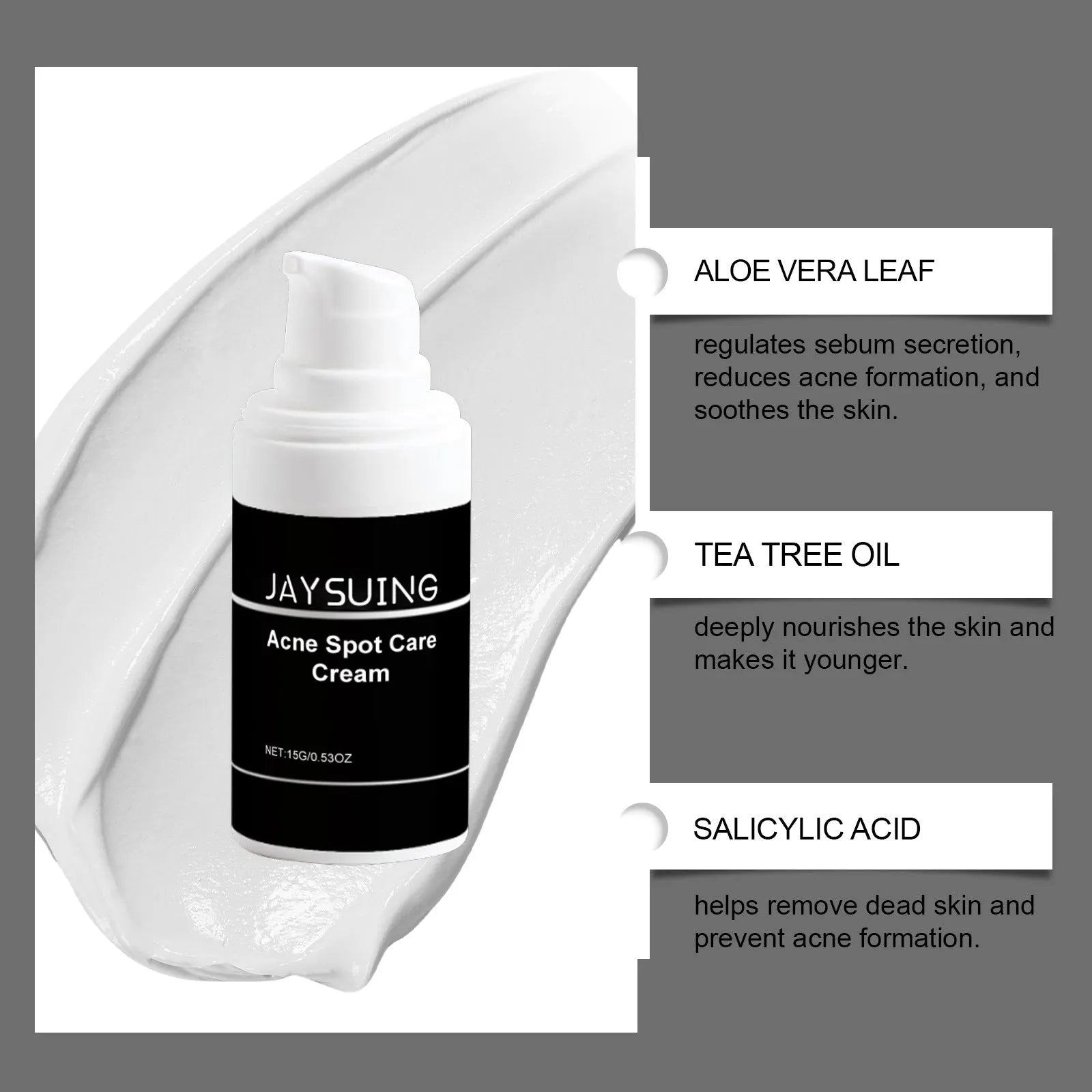 15g tube of acne removal face cream with mint, tea tree oil and aloe vera ingredients.