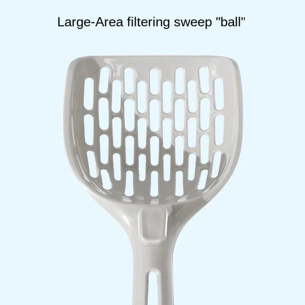 Grey plastic cat litter scoop standing upright in its matching storage base.