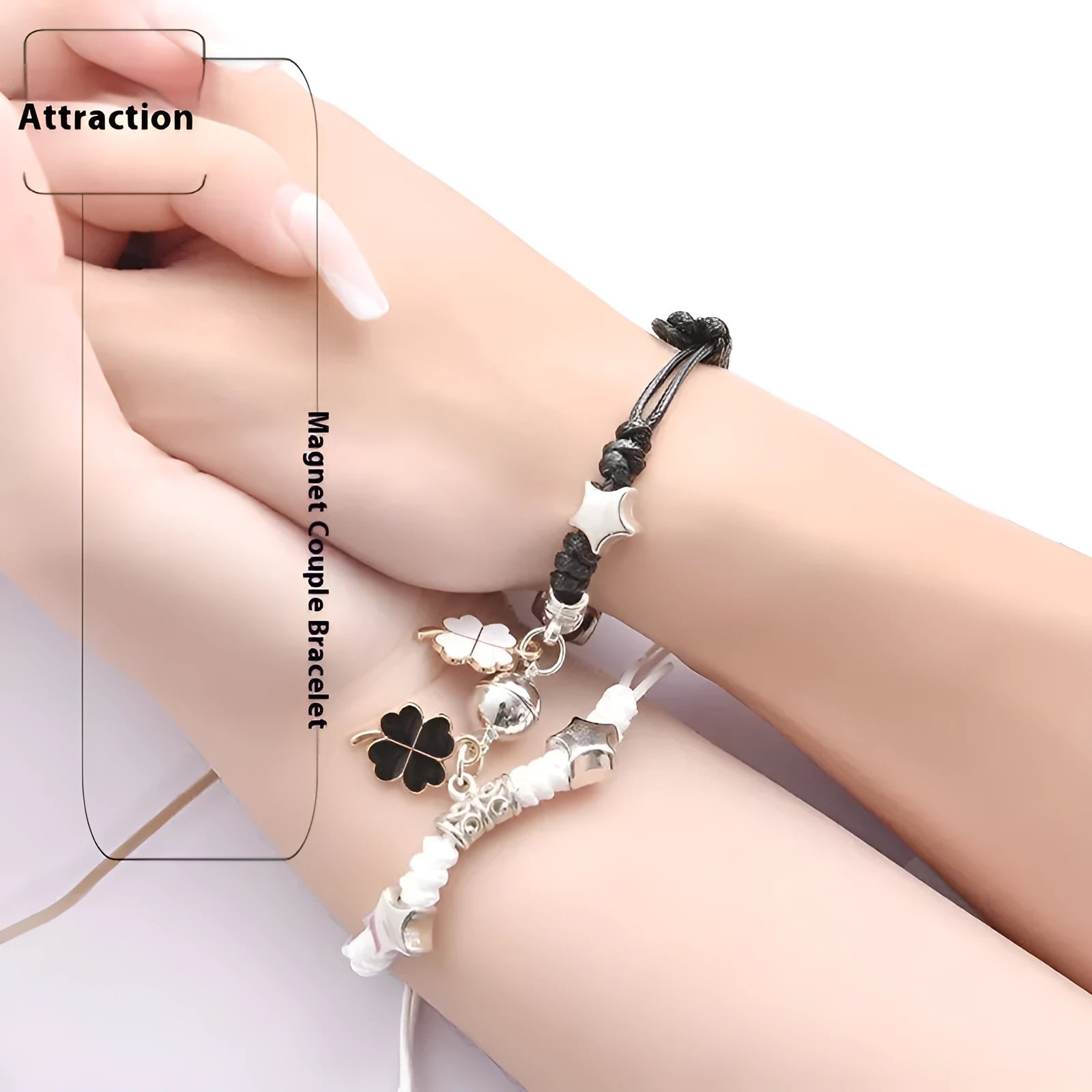 Magnetic couple's alloy bracelet pair with electroplated finish in various designs like crown, cross, and kitten.