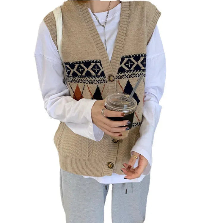 Women's sleeveless cardigan with diamond plaid pattern in loose fit
