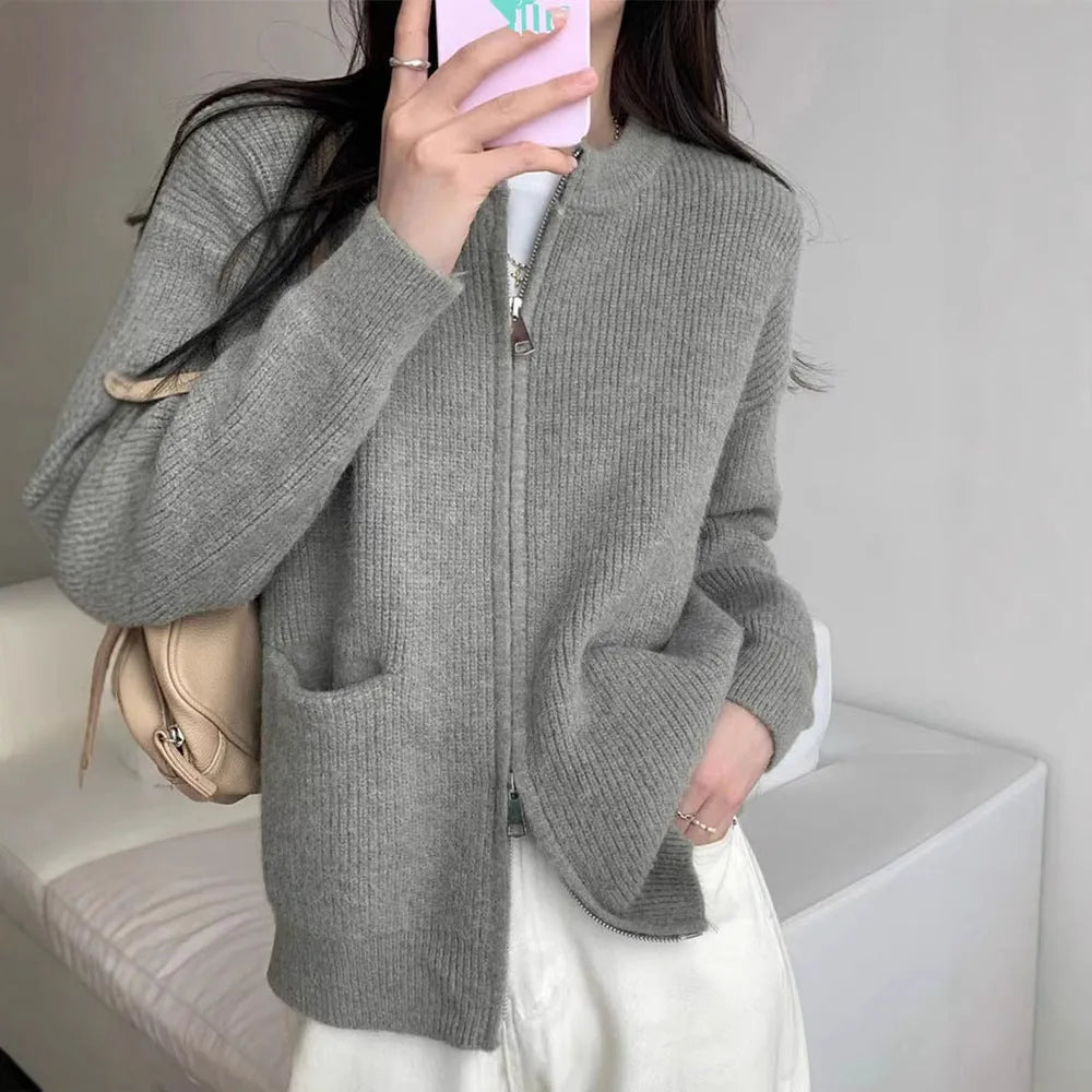 Beige viscose knit sweater coat for women, shown as an open-front cardigan with long sleeves.