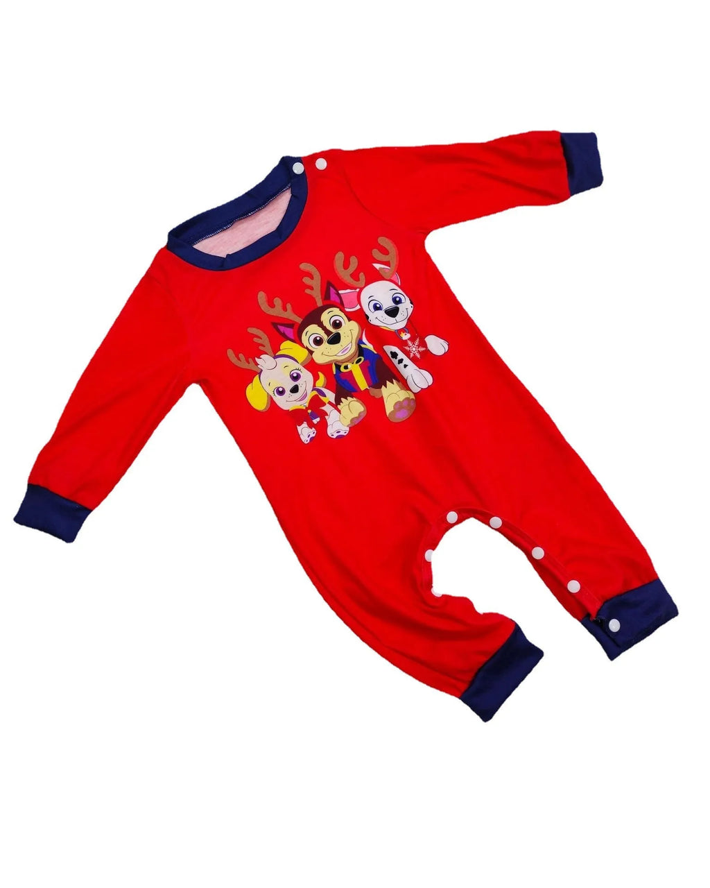 Matching red plaid Christmas pyjamas with deer print for family, including dog, in various sizes.