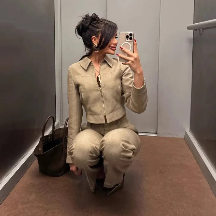 Women's herringbone pattern casual suit set with 3D textured jacket and straight-leg trousers