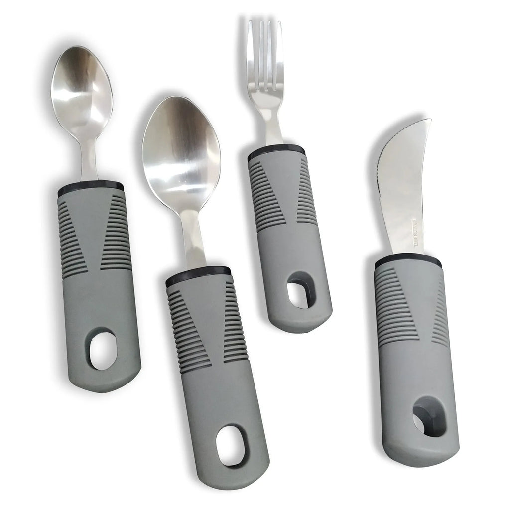 Stainless steel adaptive cutlery with rubber grip handles for elderly eating assistance and motor rehabilitation