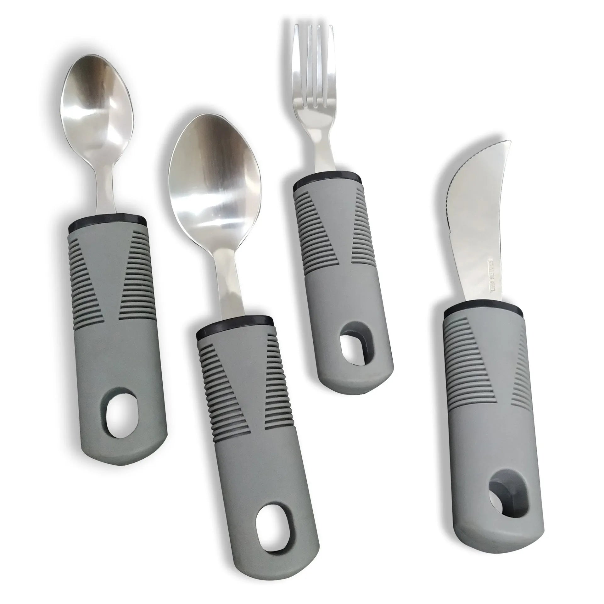 Stainless steel adaptive cutlery with rubber grip handles for elderly eating assistance and motor rehabilitation