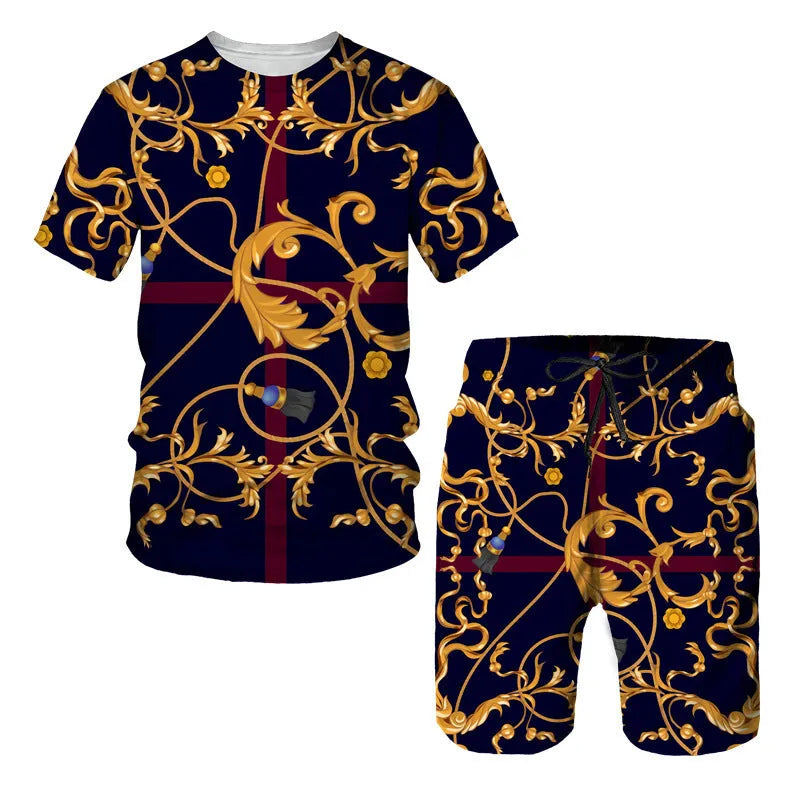Chain pattern digital printed short sleeve T-shirt and shorts suit set in polyester fabric
