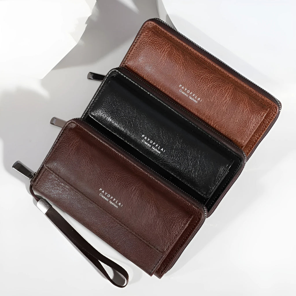 Men's long black PU leather-look wallet open to show multiple card slots.